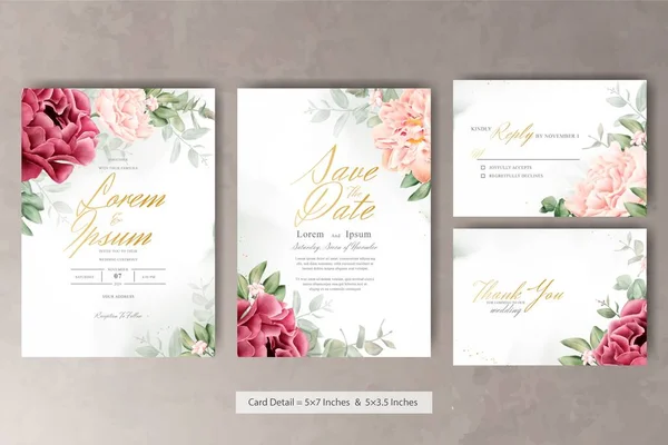 Modelo Cartão Convite Casamento Floral Aquarela Realista Com Flor Desenhada — Vetor de Stock