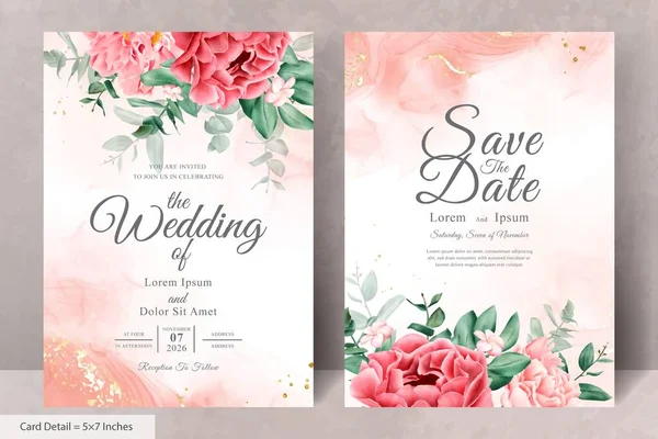 Realistische Aquarell Floral Wedding Einladungskarte Vorlage Mit Handgezeichneten Blumen Und — Stockvektor