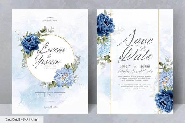 Élégante Papeterie Mariage Avec Fleur Bleu Marine Feuilles — Image vectorielle