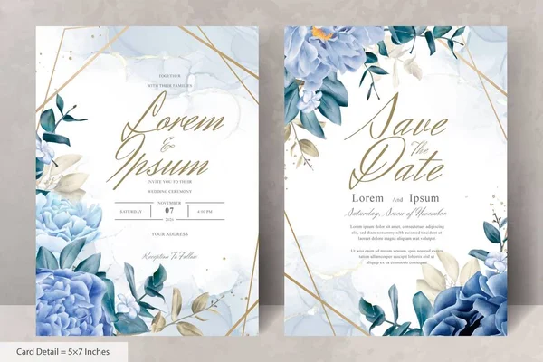 Elegante Hochzeitspapeterie Mit Marineblauen Blumen Und Blättern — Stockvektor