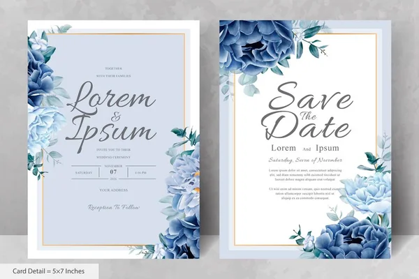 Élégante Papeterie Mariage Avec Fleur Bleu Marine Feuilles — Image vectorielle