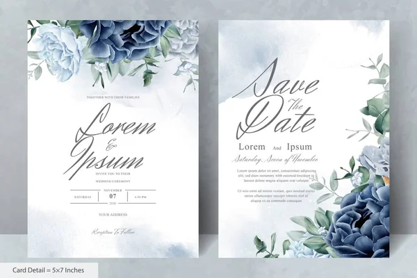 Mavi Çiçekli ve Yapraklı Zarif Düğün Kırtasiyesi