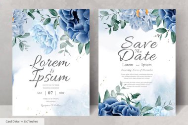 Mavi Çiçekli ve Yapraklı Zarif Düğün Kırtasiyesi