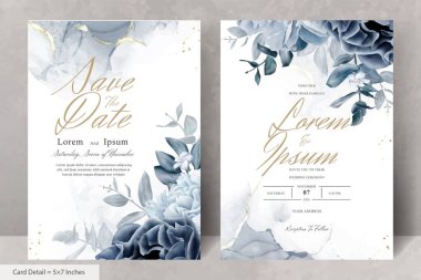 Mavi Çiçekli ve Yapraklı Zarif Düğün Kırtasiyesi