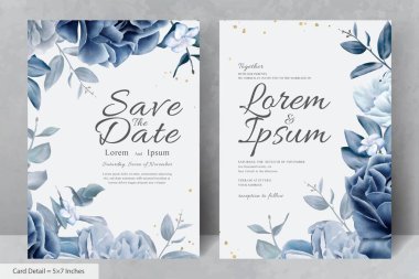 Mavi Çiçekli ve Yapraklı Zarif Düğün Kırtasiyesi