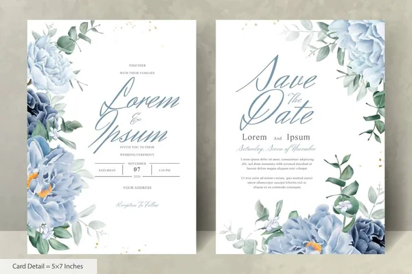Elegant Wedding Stationery Navy Blue Flower Leaves — Stock Vector
