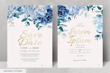 Mavi Çiçekli ve Yapraklı Zarif Düğün Kırtasiyesi