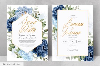 Şık Suluboya Çiçek Çerçeve Düğün Kırtasiyesi Donanma Mavi Çiçeği ve Yaprakları