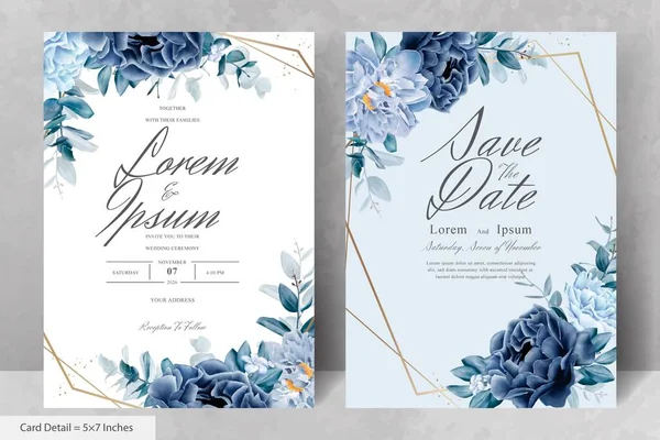 Elegant Watercolor Floral Frame Wedding Stationery Navy Blue Flower Leaves — Stock Vector