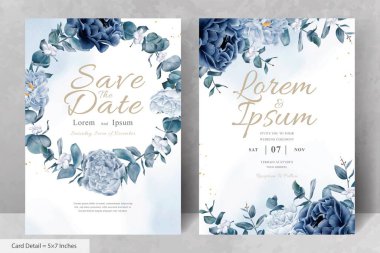 Donanma Mavi Çiçeği ve Yaprakları ile Zarif Suluboya Çiçek Düğün Kırtasiyesi