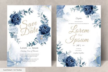 Donanma Mavi Çiçeği ve Yaprakları ile Zarif Suluboya Çiçek Düğün Kırtasiyesi