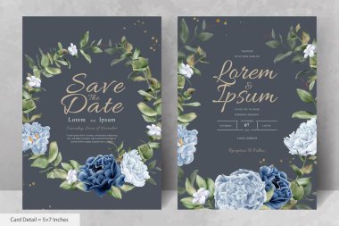 Donanma Mavi Çiçeği ve Yaprakları ile Zarif Suluboya Çiçek Düğün Kırtasiyesi