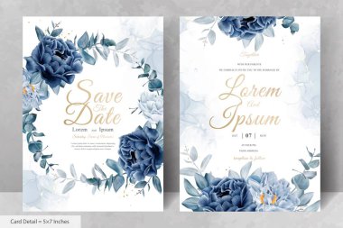 Donanma Mavi Çiçeği ve Yaprakları ile Zarif Suluboya Çiçek Düğün Kırtasiyesi
