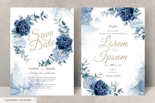 Donanma Mavi Çiçeği ve Yaprakları ile Zarif Suluboya Çiçek Düğün Kırtasiyesi