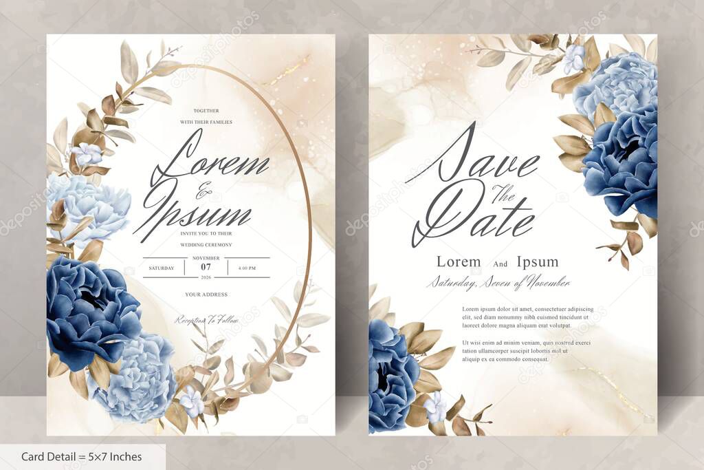 Elegant Watercolor Floral Wreath Wedding Stationery with Navy Blue Flower and Leaves