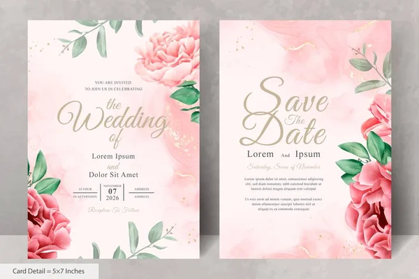 Realistische Aquarell Floral Wedding Einladungskarte Vorlage Mit Handgezeichneten Blumen Und — Stockvektor