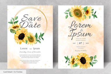 Suluboya Ayçiçekleri ile düğün davetiyesi seti