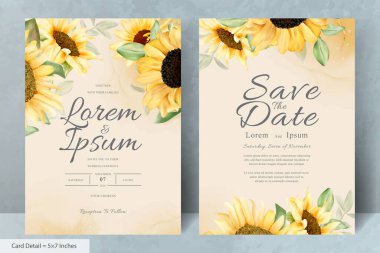 El Çizimi Düğün Davetiyesi Seti Suluboya Ayçiçeği ile