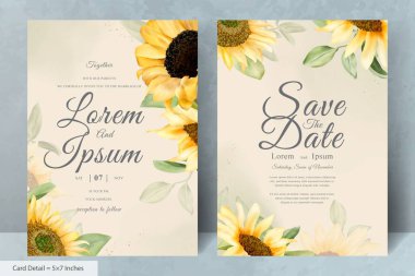 El Çizimi Düğün Davetiyesi Seti Suluboya Ayçiçeği ile