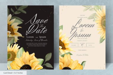 El Çizimi Düğün Davetiyesi Seti Suluboya Ayçiçeği ile