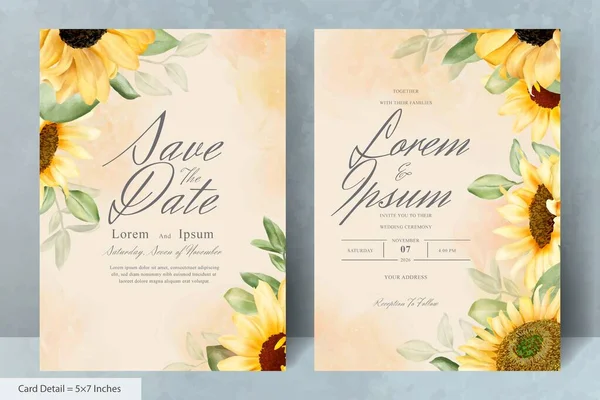 El Çizimi Düğün Davetiyesi Seti Suluboya Ayçiçeği ile