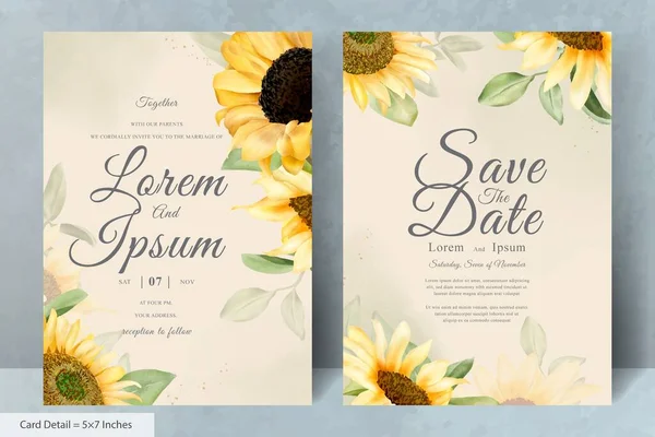 El Çizimi Düğün Davetiyesi Seti Suluboya Ayçiçeği ile