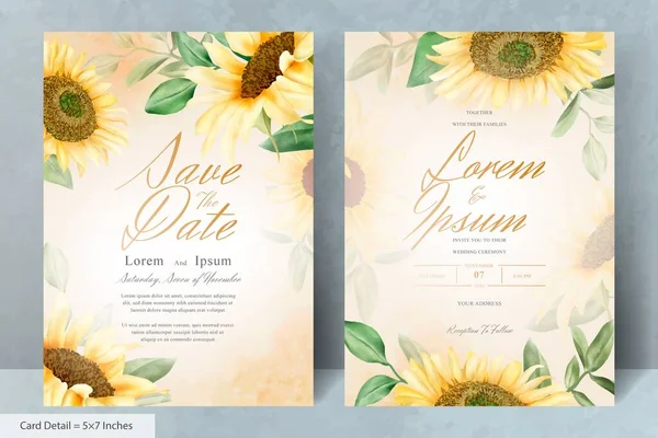 Hand Drawn Wedding Invitation Card Set Watercolor Sunflower — Stock Vector