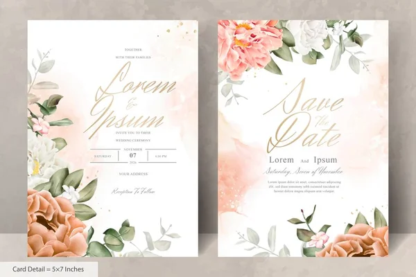 Gerçekçi Suluboya Çiçek Düğün Davetiyesi Şablonu El Çizimi Çiçek ve Yaprakları