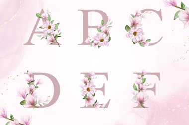 Suluboya alfabe seti a, b, c, d, e, elle çizilmiş çiçek ve yapraklar