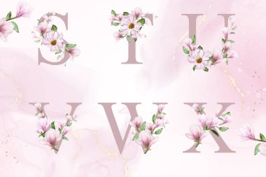 Çiçekli suluboya alfabe seti s, t, u, v, w, elle çizilmiş çiçek ve yapraklar