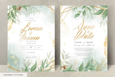 Elegant Wedding Invitation Card with Watercolor and Greenery Leaves