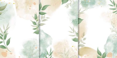 Set of Elegant Wedding Invitation Design with Watercolor and Greenery Leaves