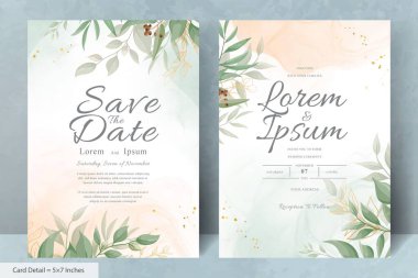Elegant Wedding Invitation Card with Watercolor and Greenery Leaves