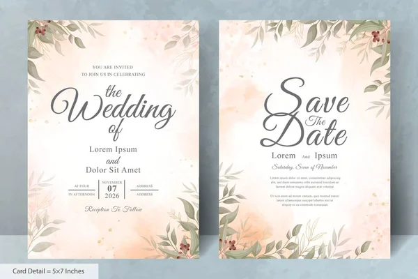 Elegant Wedding Invitation Card Watercolor Greenery Leaves — Vetor de Stock