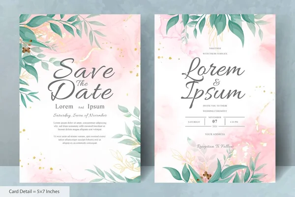 Elegant Wedding Invitation Card with Watercolor and Greenery Leaves