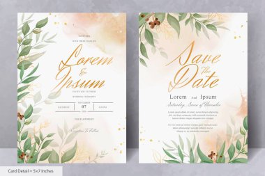 Elegant Wedding Invitation Card with Watercolor and Greenery Leaves