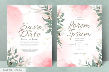 Elegant Wedding Invitation Card with Watercolor and Greenery Leaves