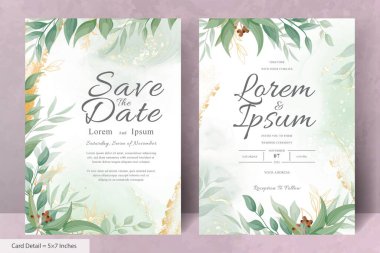 Elegant Wedding Invitation Card with Watercolor and Greenery Leaves