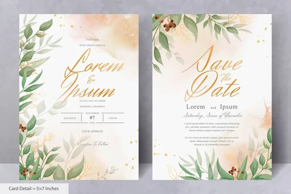 Elegant Wedding Invitation Card Watercolor Greenery Leaves — Vetor de Stock