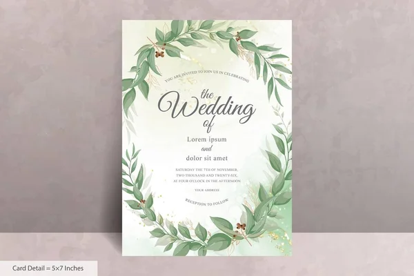 Diseño Invitación Boda Verdor Con Corona Floral Acuarela — Vector de stock