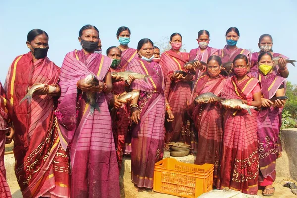 Γυναίκες Ομάδα Αυτοβοήθειας Shg Γυναίκες Αγρότες Εκμετάλλευση Ψαριών Στο Χέρι Φωτογραφία Αρχείου