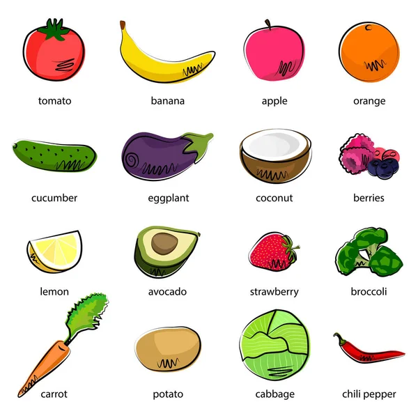 Food Set Fruit Vegetables Vector Illustration — Vettoriale Stock