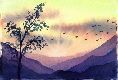 Dağlarda ve ağaçlarda gün batımı