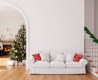 İçinde şömine ve büyük Noel ağacı olan bir Noel ağacı sunar: 3D Görüntü, 3D