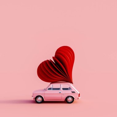 Pembe arka planda kırmızı kalbi olan eski pembe araba. 3D görüntüleme, 3D görüntü.