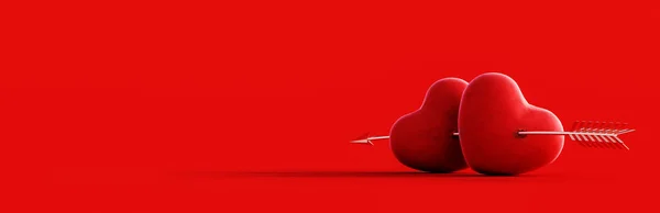 Два Червоних Серця Проколоті Золотими Стрілками Червоному Тлі Рендерингу Ілюстрація — стокове фото