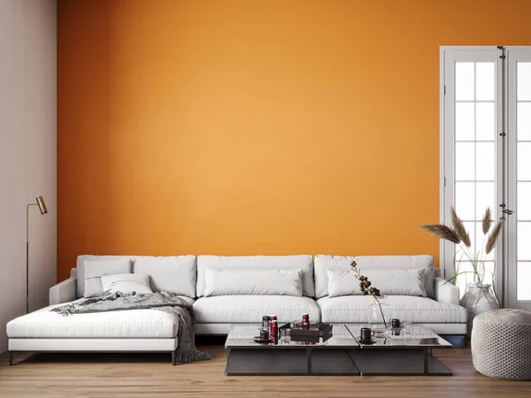 Modern Interieur Met Lege Oranje Wandachtergrond Rendering Illustratie — Stockfoto