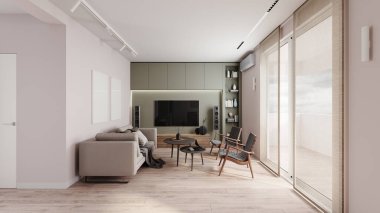 Modern küçük oturma odası iç dekorasyonu televizyon duvarı özelliği 3D görüntüleme, 3D görüntü