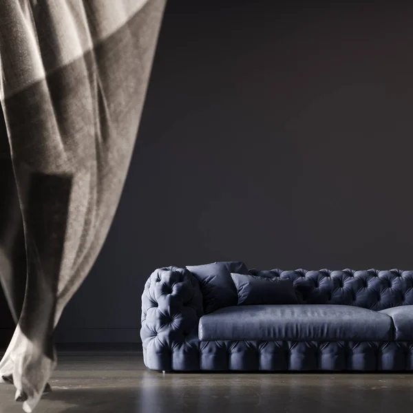 Interior Moderno Con Sofá Con Copetudo Azul Oscuro Cortina Negra —  Fotos de Stock