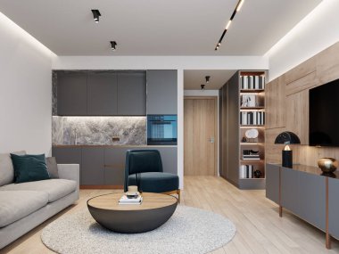 Beyaz duvarları ve doğal ahşap detaylarıyla modern apartman iç tasarımı 3D görüntüleme, 3D